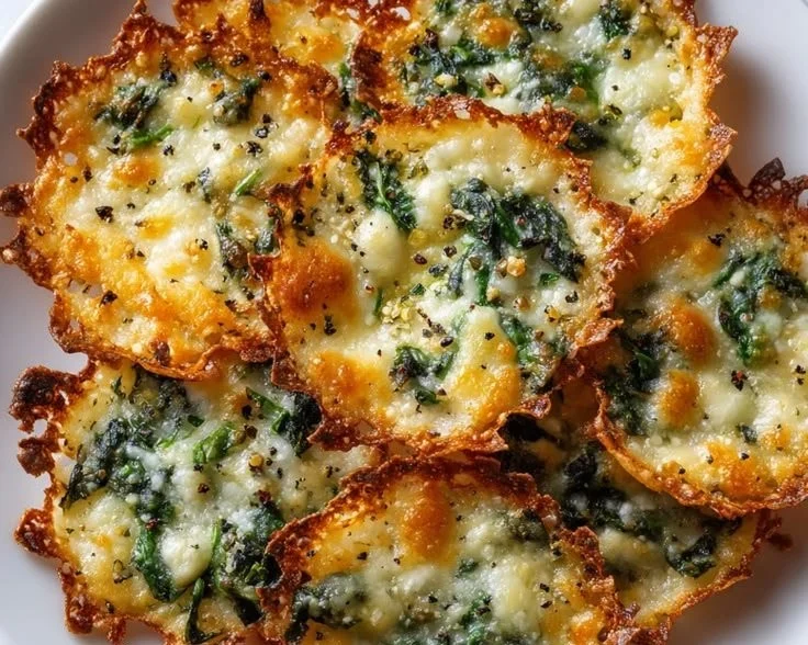 Crunchy spinach cheese crisps, a tasty and healthy snack option.