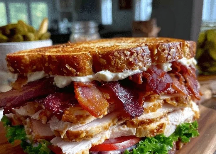 Crispy Ultimate Club Sandwich with layers of turkey, bacon, and fresh vegetables