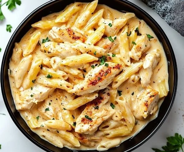 Crock Pot creamy Cajun chicken pasta served in a white bowl with herbs