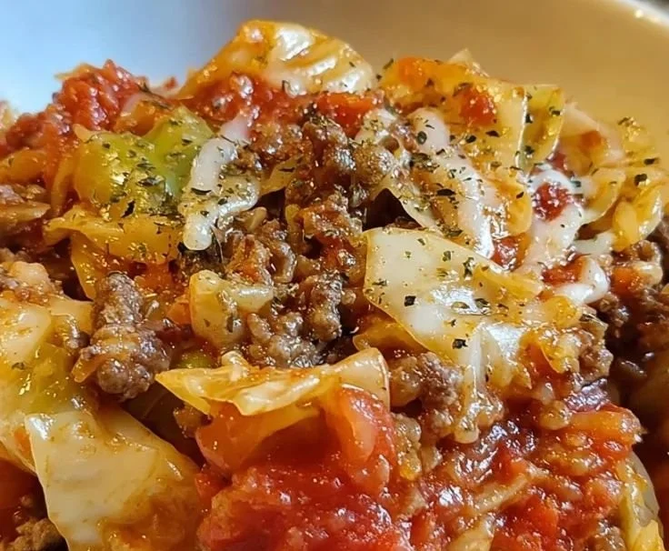 Delicious Crockpot Cabbage Roll Casserole served in a bowl with fresh herbs