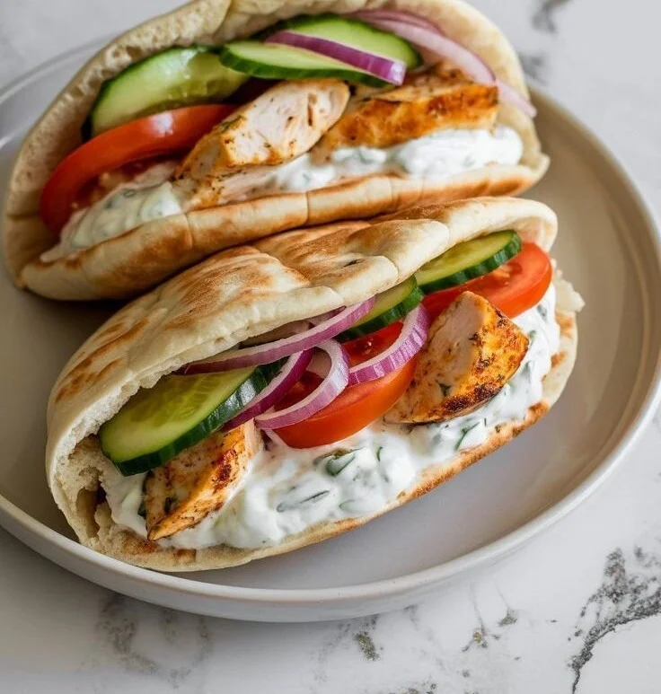 Crockpot Greek Chicken Pitas served with fresh Tzatziki sauce