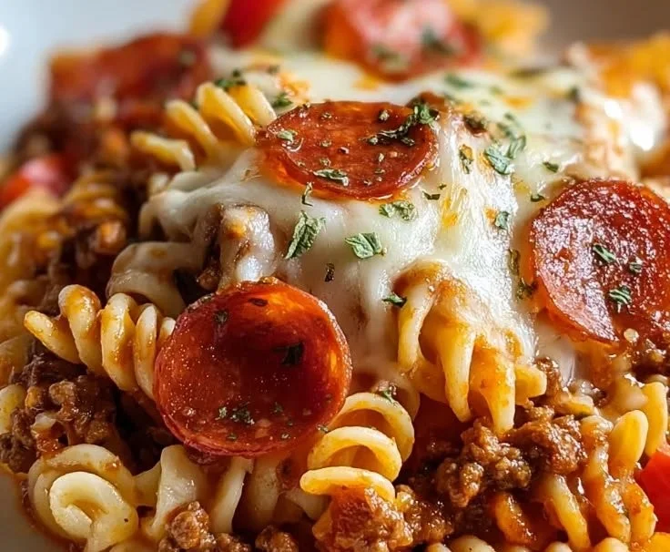 Delicious Crockpot pizza casserole topped with cheese and veggies