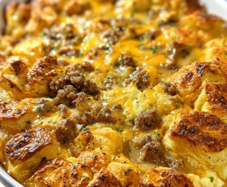 Delicious croissant bake breakfast casserole served on a plate