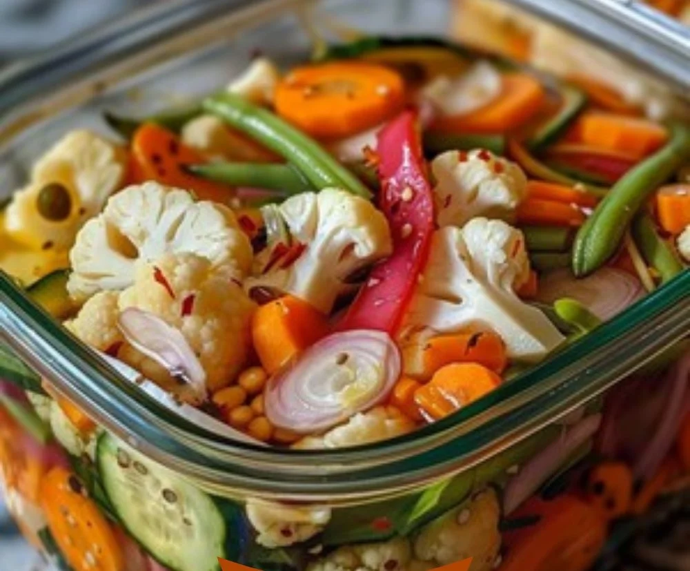 Crunchy tangy refrigerator pickled vegetables in jars on a kitchen counter