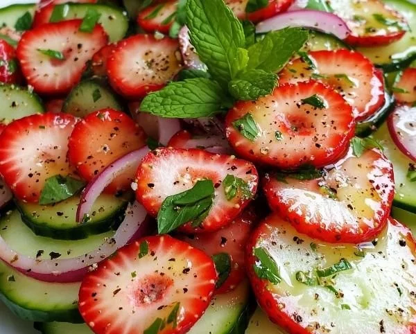 Bowl of Cucumber Strawberry Salad with fresh ingredients and vibrant colors.