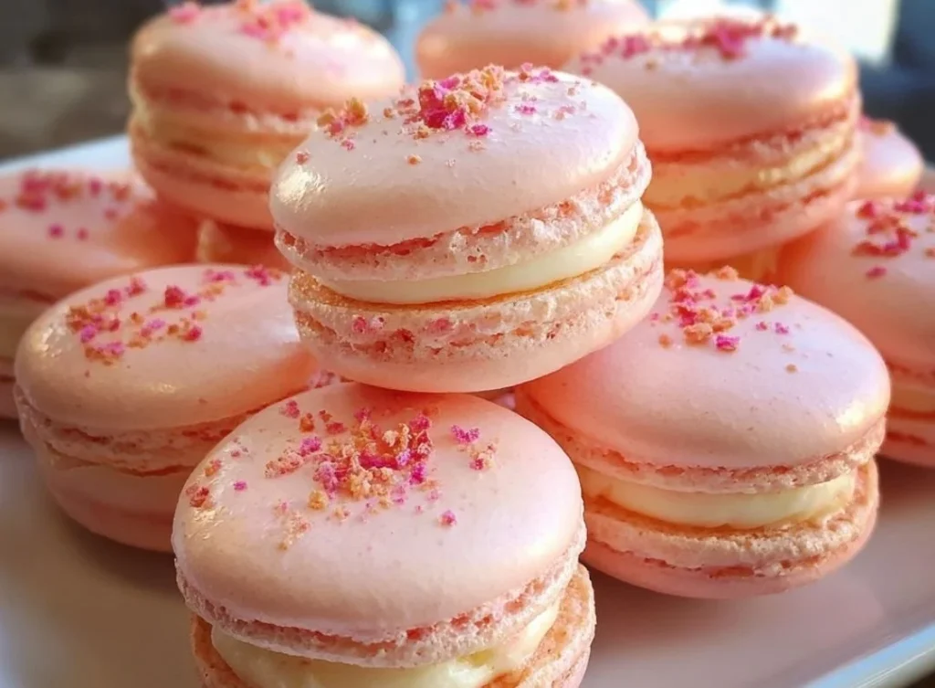 Delicious strawberry cheesecake macarons on a dessert plate