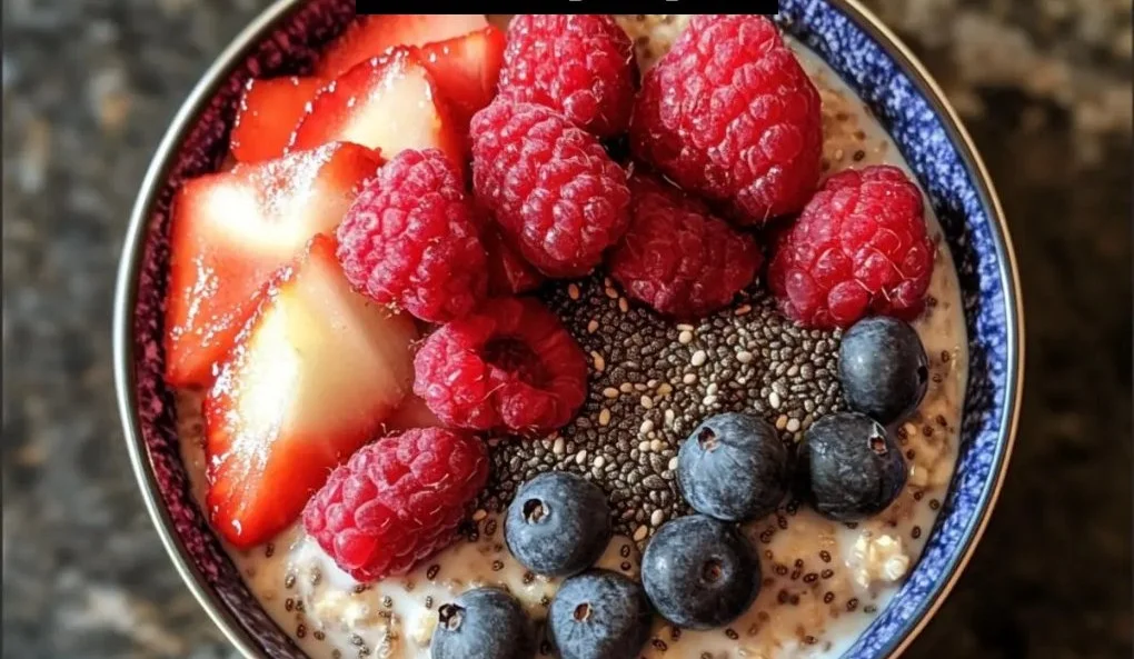 Bowl of delicious overnight oats with chia seeds topped with fruits