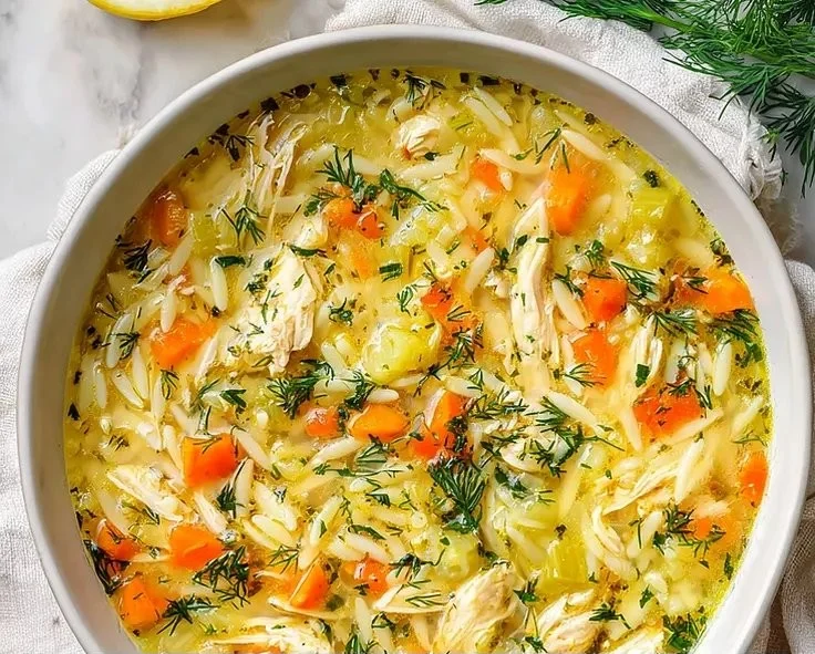 Delicious bowl of Greek Lemon Chicken Soup garnished with fresh herbs