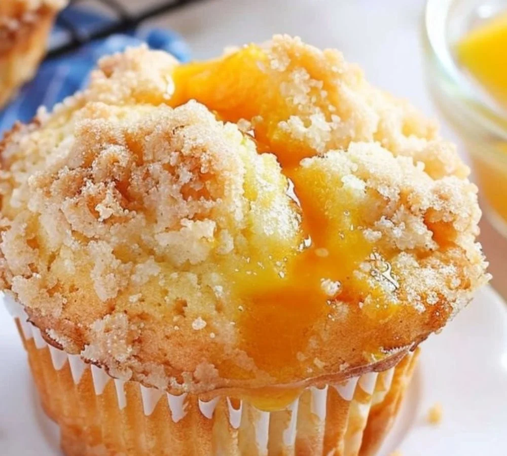 Freshly baked peach cobbler muffins with crumb topping on a plate