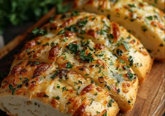 Freshly baked Italian herb cheese bread with herbs and cheese toppings.