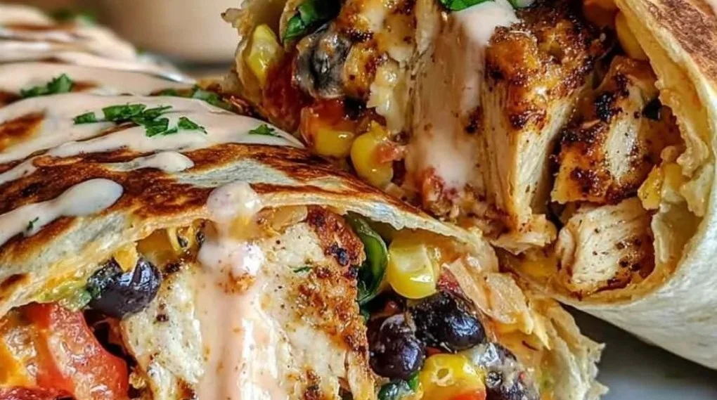 A delicious Southwest Chicken Wrap filled with grilled chicken, veggies, and spices.