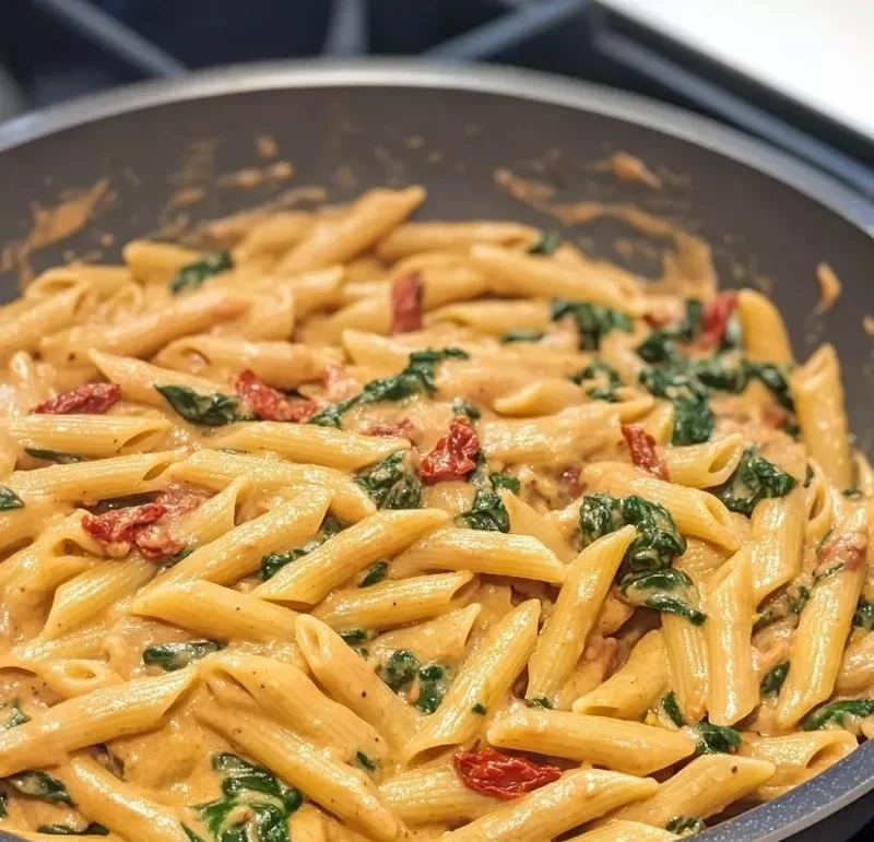 Bowl of delicious spinach tomato pasta garnished with fresh herbs