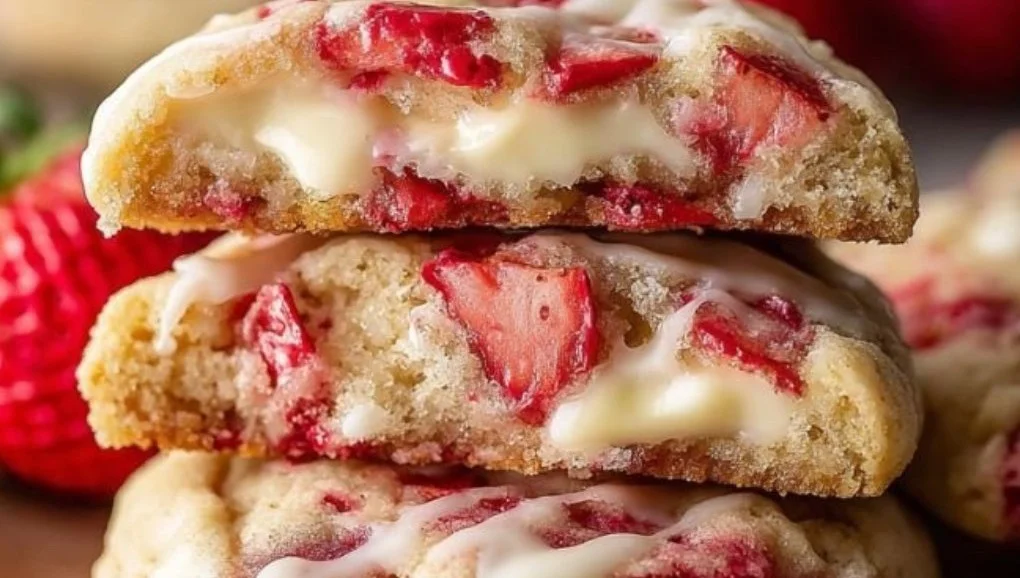 Delicious strawberry cheesecake cookies on a white plate with fresh strawberries.