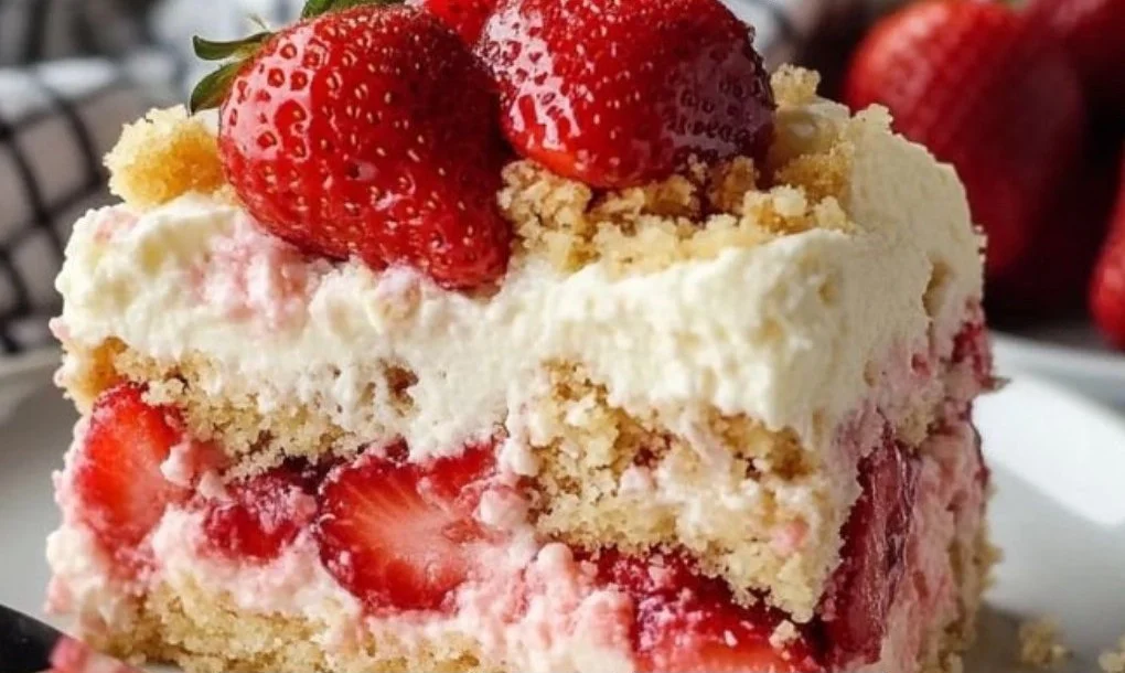 Delicious Strawberry Cheesecake Dump Cake topped with fresh strawberries