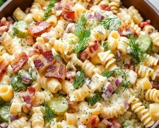 Bowl of Dill Pickle Bacon Pasta Salad garnished with fresh herbs