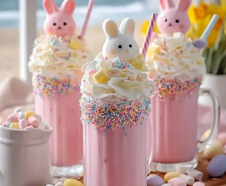 Colorful Easter Bunny Punch in a festive glass with spring decorations.