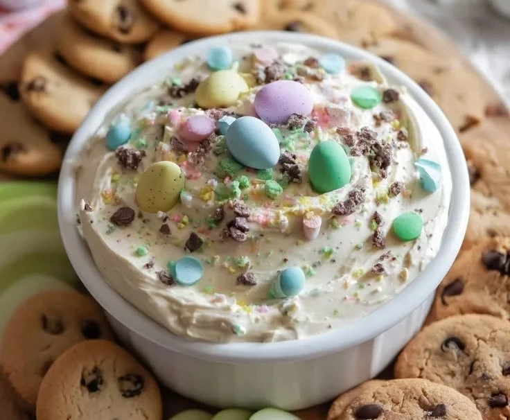 Easter dessert dip with colorful toppings and festive decorations