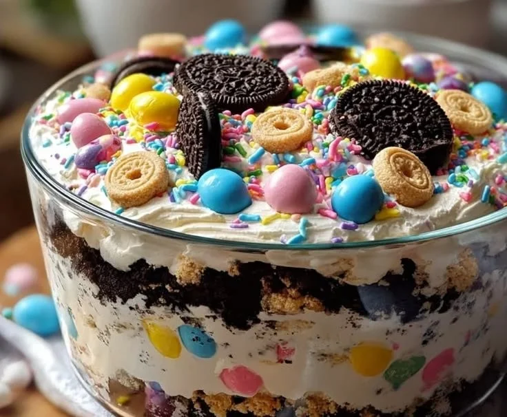 Easter Oreo cookie casserole topped with whipped cream and crushed Oreos