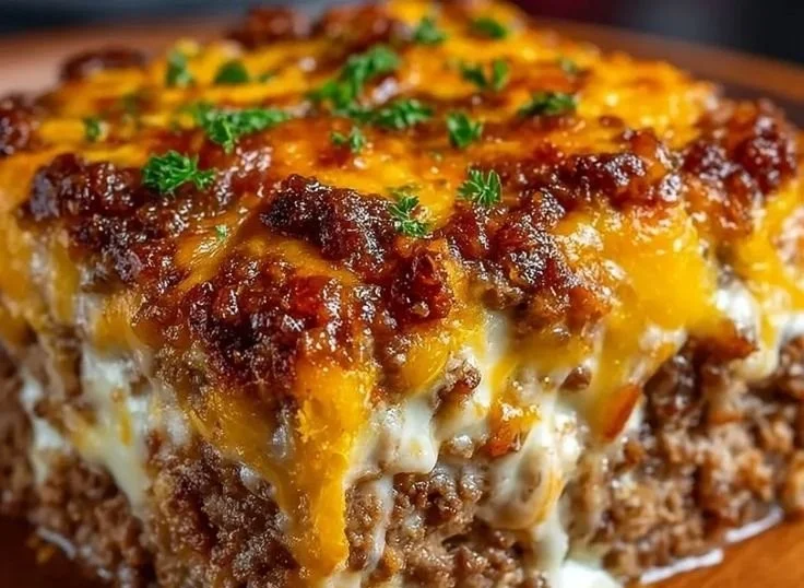 Delicious easy cheesy meatloaf casserole topped with melted cheese and herbs