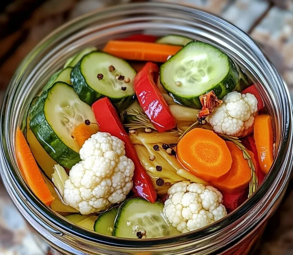 Bowl of easy crunchy tangy refrigerator pickled vegetables on a table