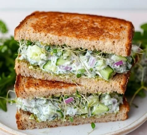 Delicious cucumber salad sandwiches on a plate, perfect for a light meal