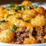 Delicious ground beef tater tot casserole served in a baking dish