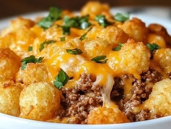 Delicious ground beef tater tot casserole served in a baking dish