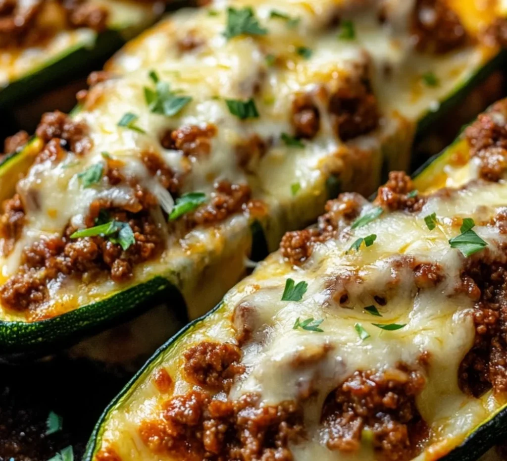 Ground beef stuffed zucchini boats topped with cheese and herbs
