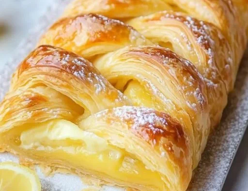 Easy lemon cream cheese puff pastry braid ready to serve on a plate.