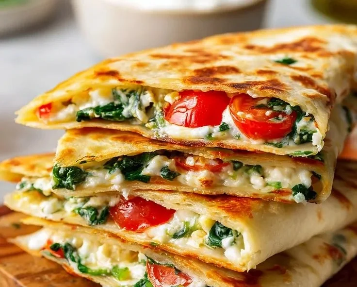 Delicious Easy Mediterranean Quesadilla filled with fresh ingredients