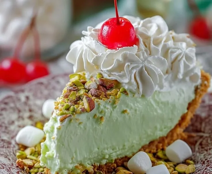 Sliced easy pistachio pie topped with whipped cream and pistachios