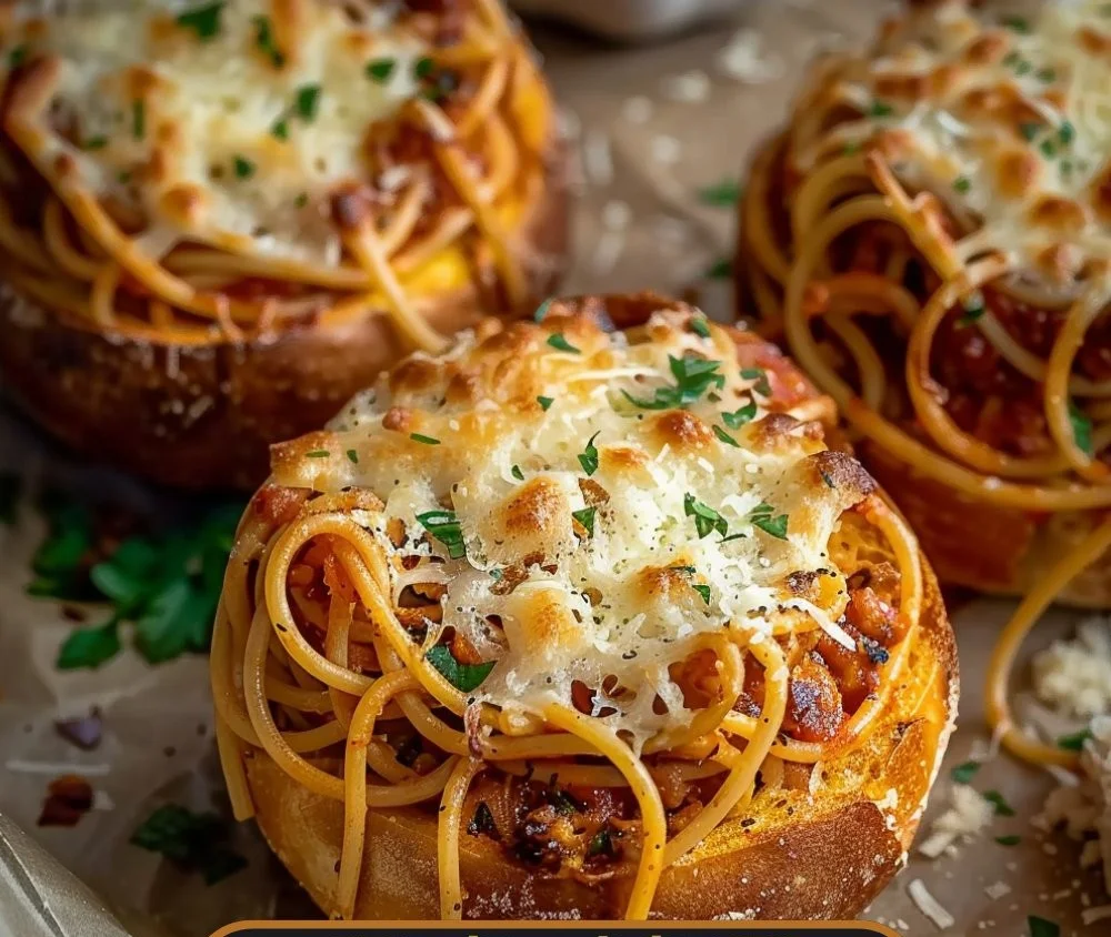 Easy spaghetti garlic bread bowls with fresh ingredients and garlic butter.