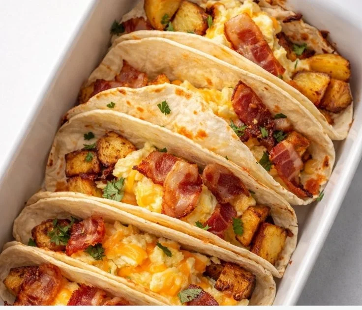 Delicious baked breakfast tacos filled with eggs and cheese