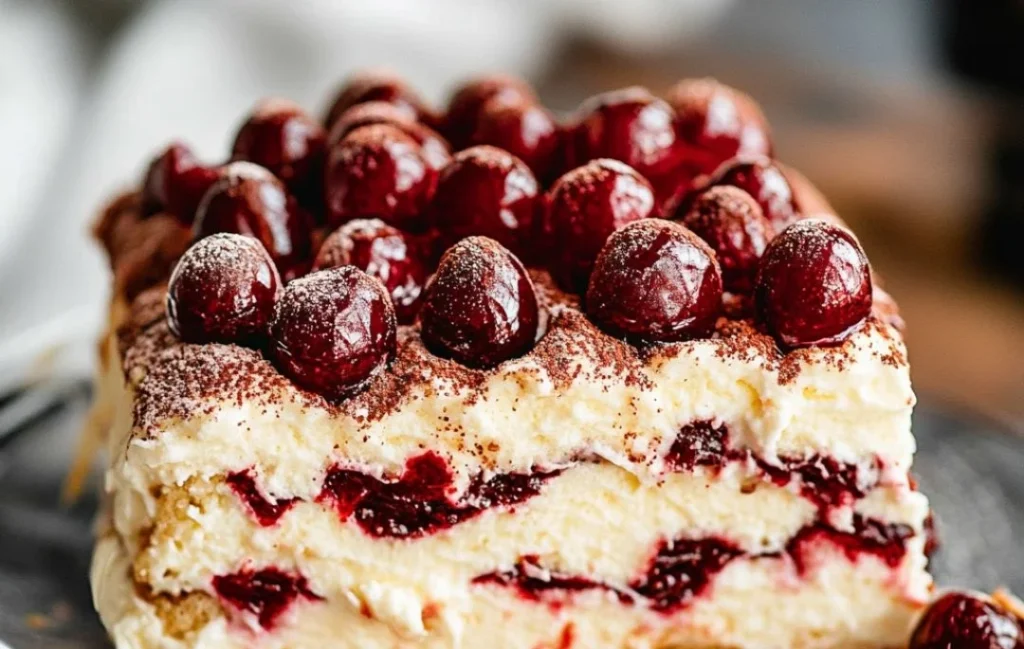Elegant Cherry Amaretto Tiramisu dessert topped with cherries and amaretto flavor