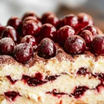 Elegant Cherry Amaretto Tiramisu dessert topped with cherries and amaretto flavor