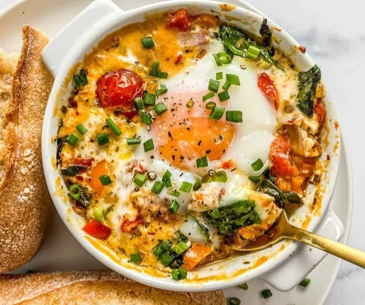 Feta Egg Bake with Tomatoes and Spinach in a baking dish