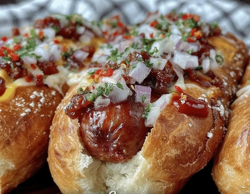 Flavorful firecracker hot dogs on a grill, garnished with spices and toppings