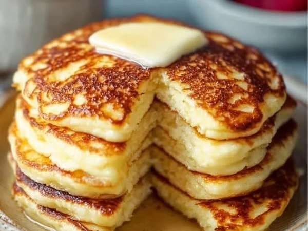 Fluffy cottage cheese pancakes served with syrup and fresh fruit