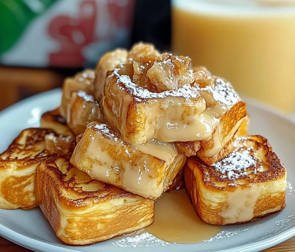 French toast made with Hawaiian rolls, topped with syrup and fruit