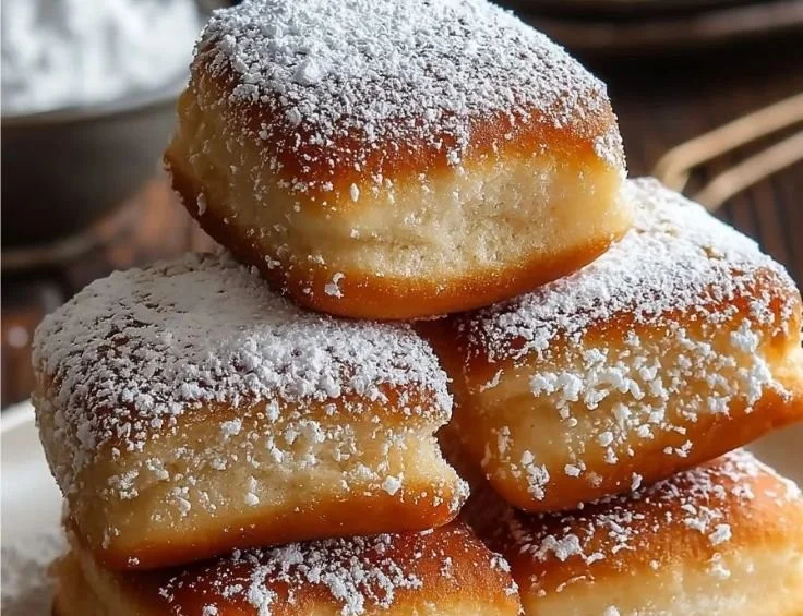 Delicious French Vanilla Beignets topped with powdered sugar on a plate