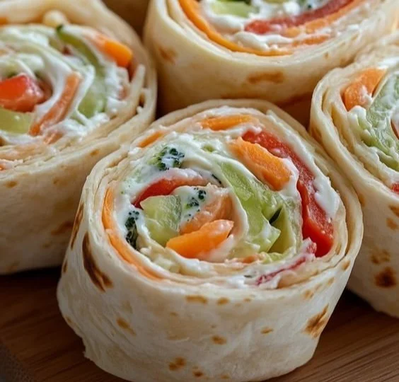 Fresh vegetable tortilla roll-ups with vibrant vegetables wrapped in tortillas