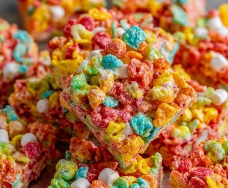 Colorful Fruity Pebbles Rice Krispie Treats on a white plate