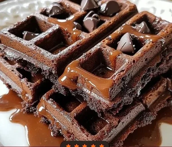 Delicious fudgy brownie waffles drizzled with chocolate sauce.