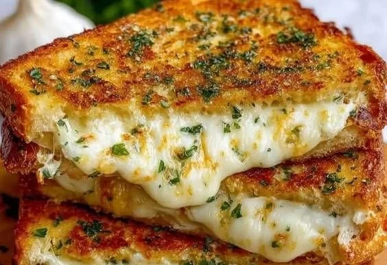 Delicious Garlic Bread Grilled Cheese sandwich with melted cheese