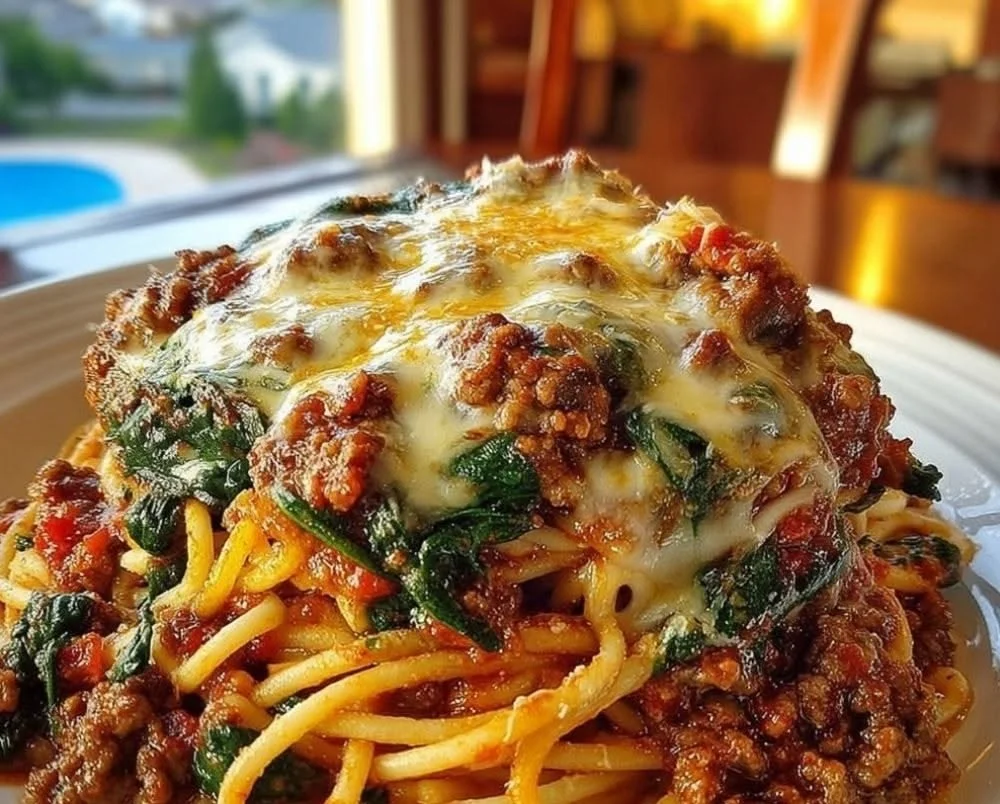 Delicious garlic butter spaghetti topped with cheesy Italian sausage and fresh spinach