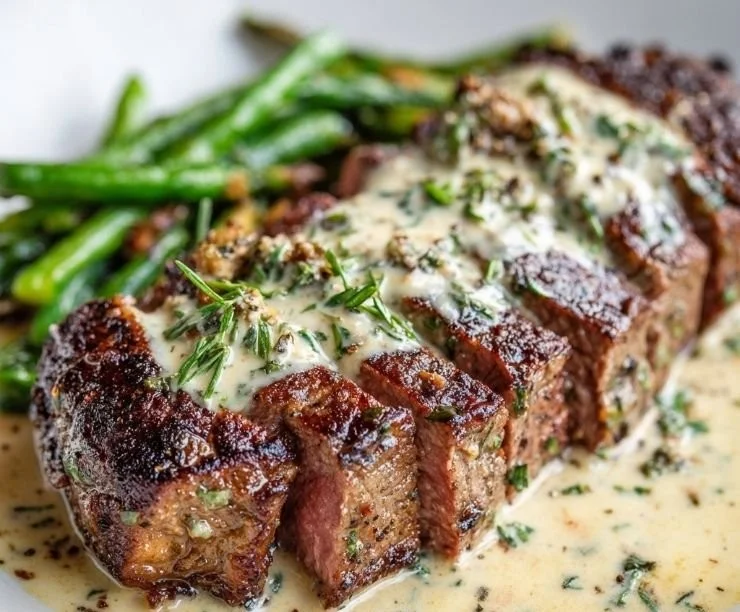 Garlic Butter Steak drizzled with creamy Parmesan sauce on a plate.