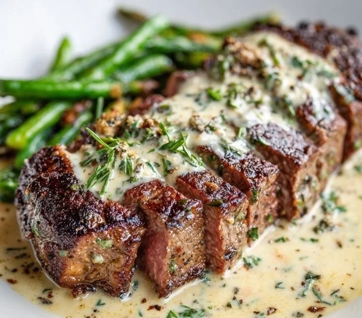 Juicy Garlic Butter Steak topped with creamy Parmesan sauce and herbs