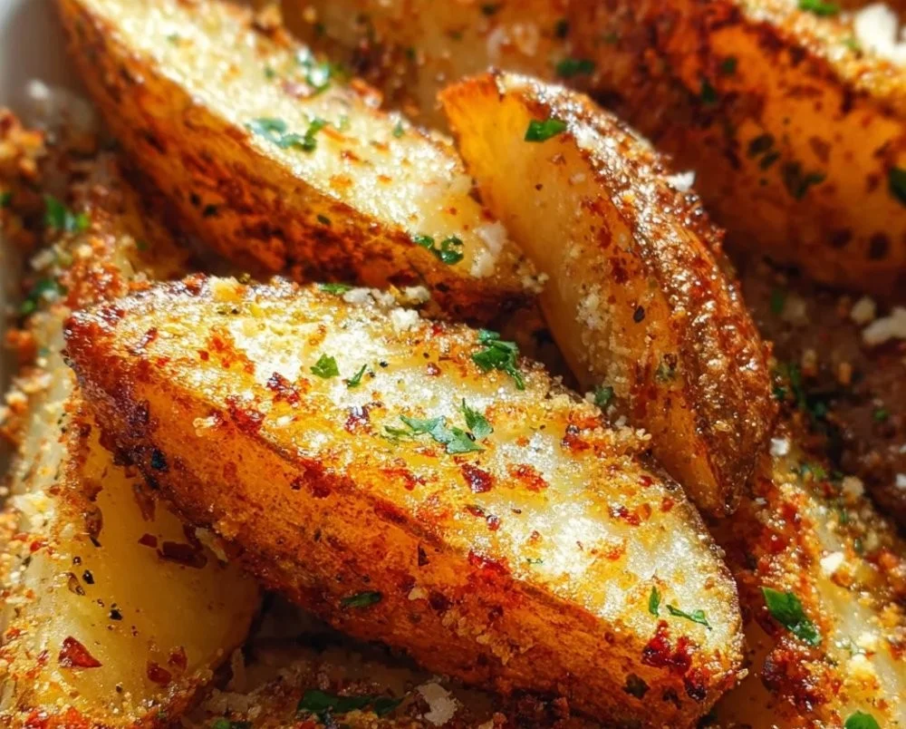 Garlic Parmesan Potato Wedges garnished with herbs and served on a plate