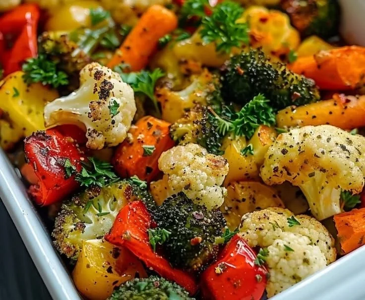 Plate of garlic roasted vegetables, colorful and seasoned for a tasty side dish