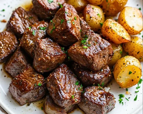 Delicious Garlic Steak Bites served with seasoned potatoes